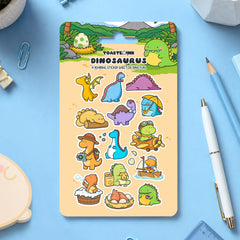 Dinosaur sticker sheet with stationery scattered around