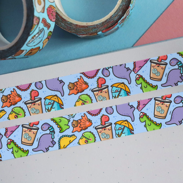 Dinosaur washi tape on blue and pink table