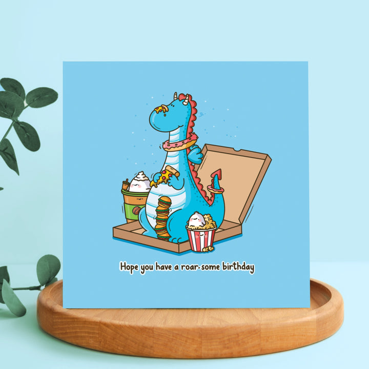 Dragon birthday card on wooden plate