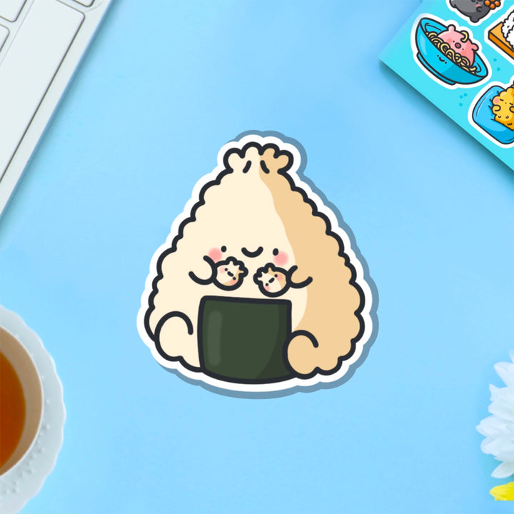 Dumpling sushi vinyl sticker on blue table