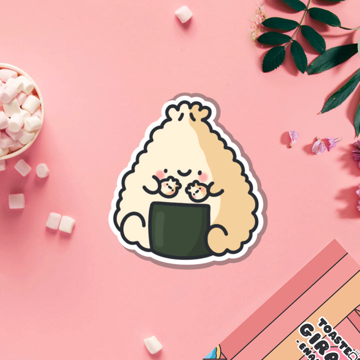 Dumpling sushi vinyl sticker on pink table