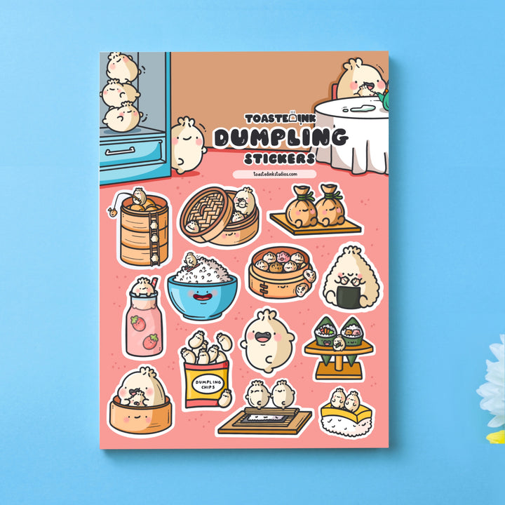 dumpling sticker sheet on blue background