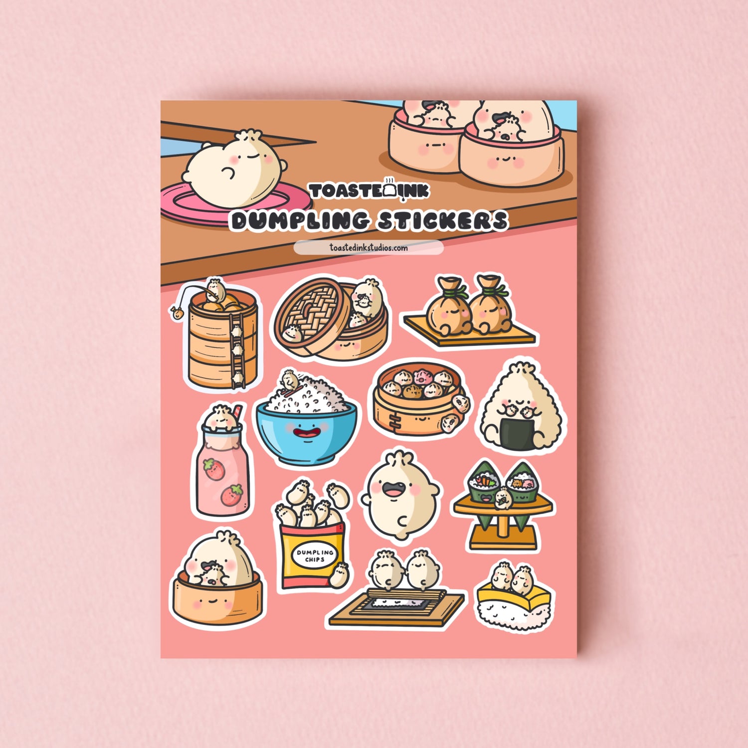 Dumpling stickers on pink table