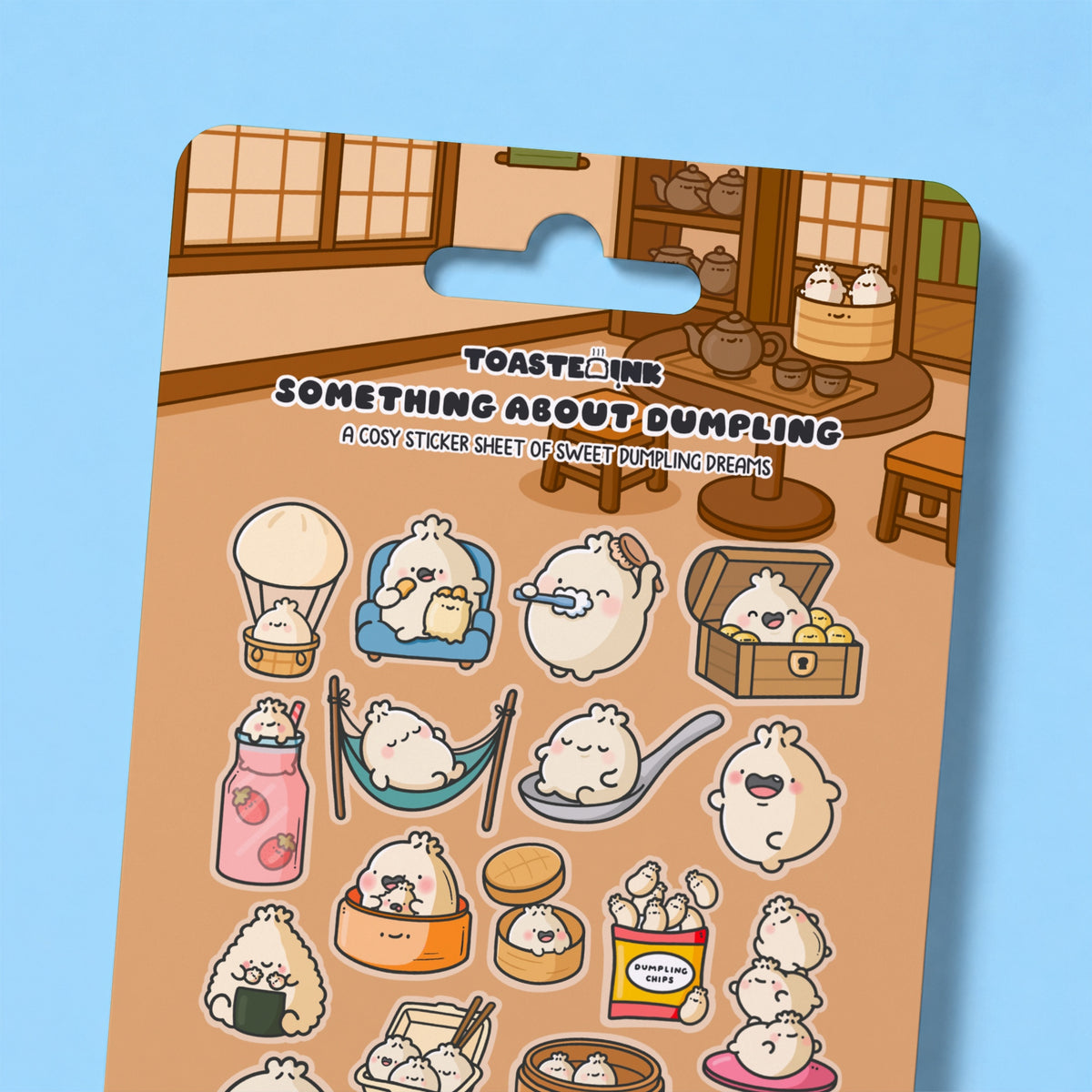 Dumpling sticker sheet close up on blue table