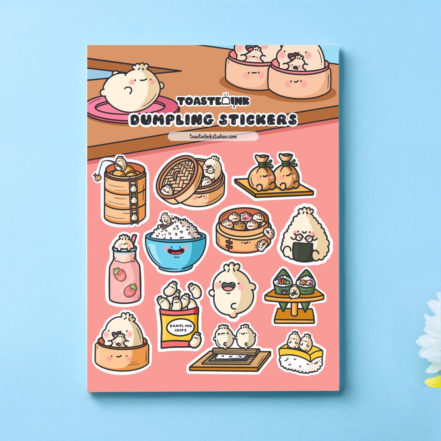Dumpling stickers on blue desk