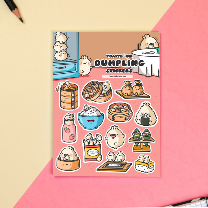 dumpling sticker sheet on pink and yellow table