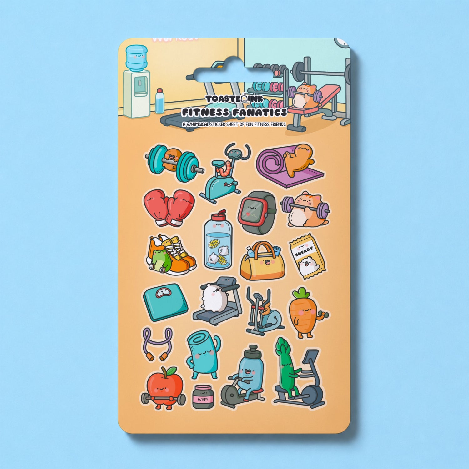 Fitness themed sticker sheet on blue table