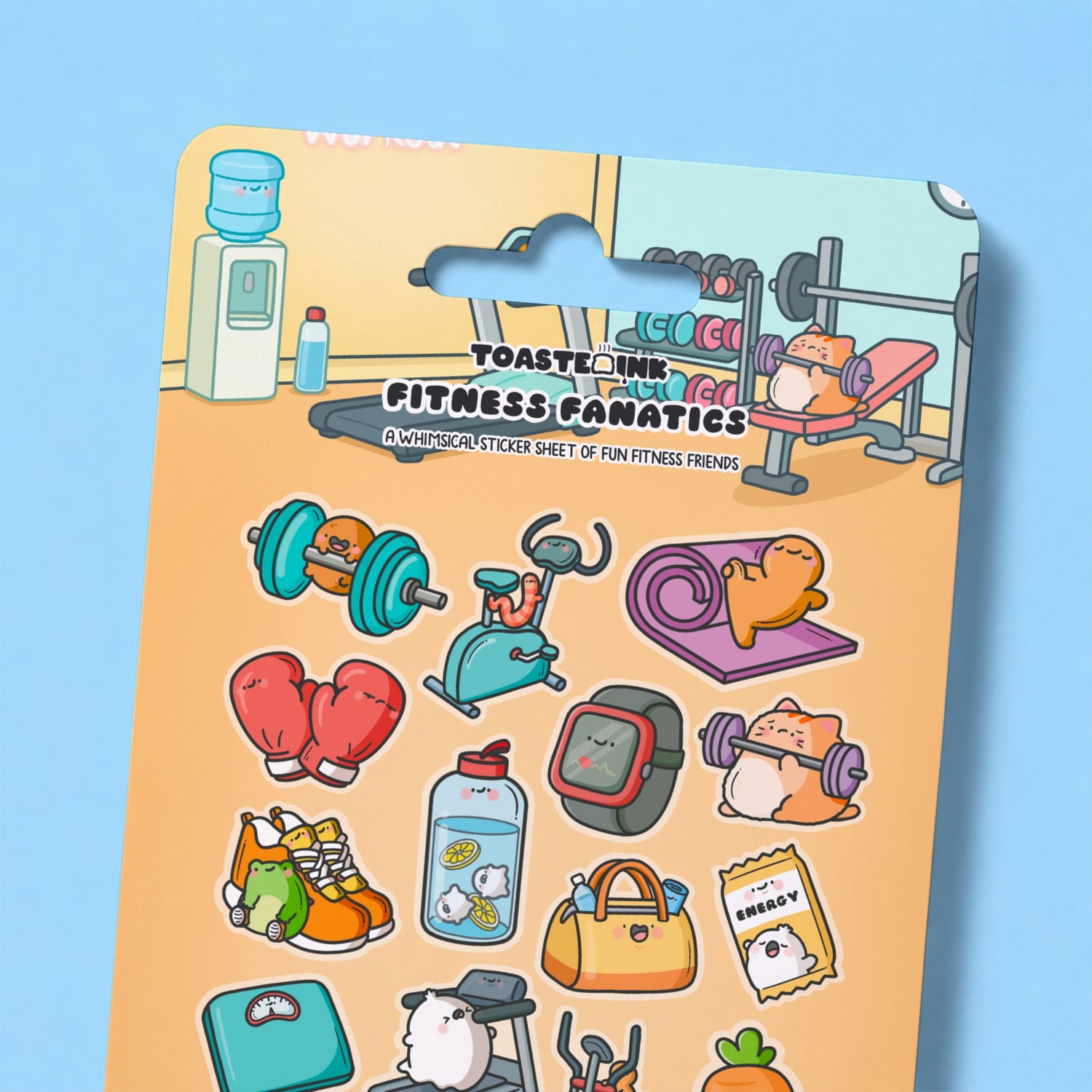 Fitness sticker sheet close up on blue desk