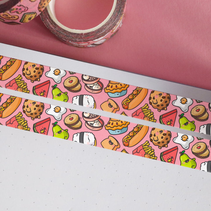 Food washi tape on pink desk