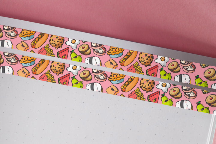 Food washi tape on notebook and pink background