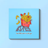 French fries on a rollercoaster card on blue table