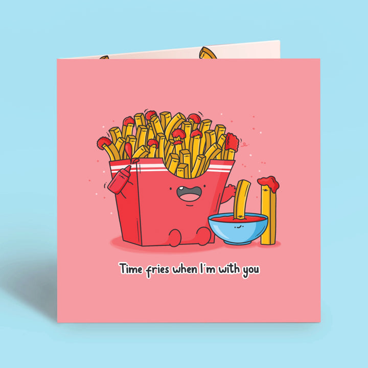 french fries card on blue table