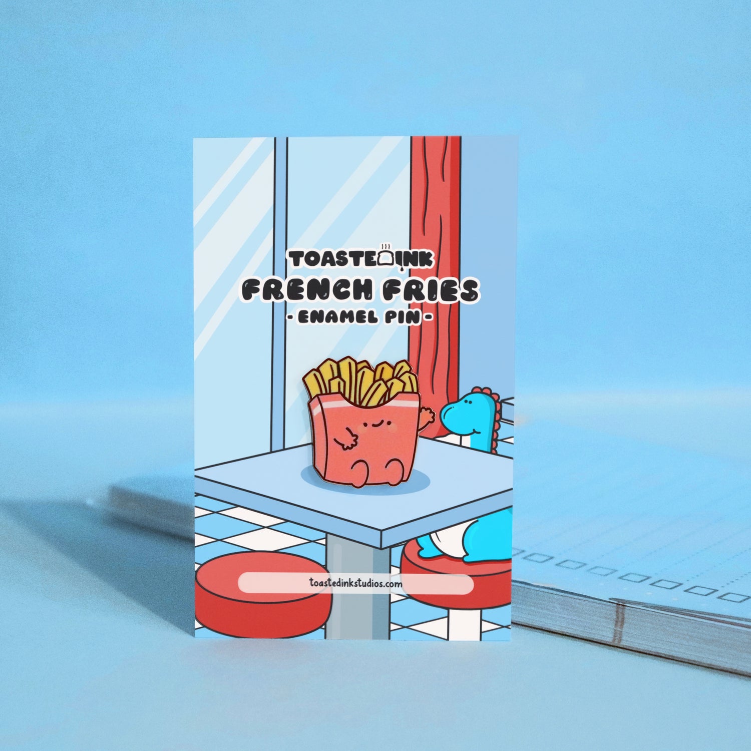French fries enamel pin on diner backing card