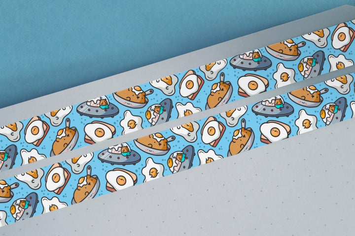 Fried egg washi tape on blue desk