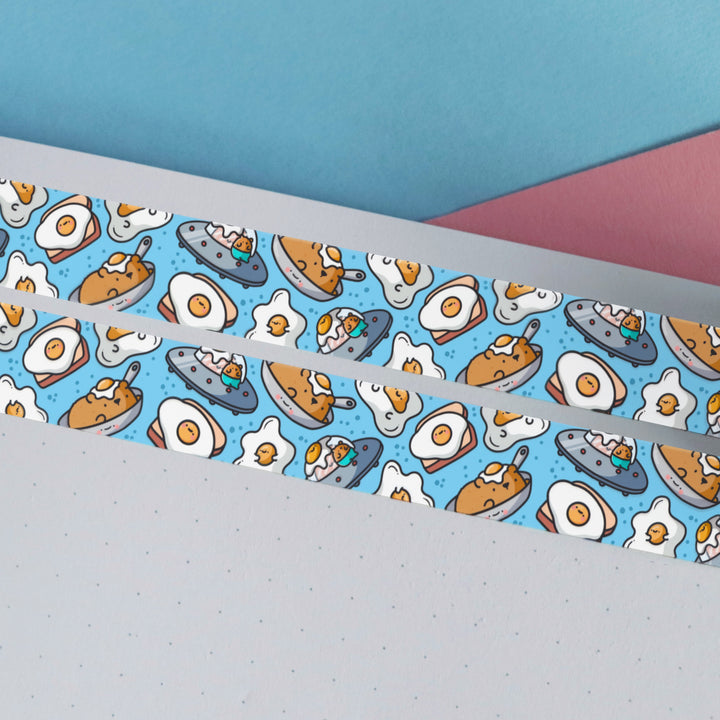 Fried egg washi tape on blue and pink table