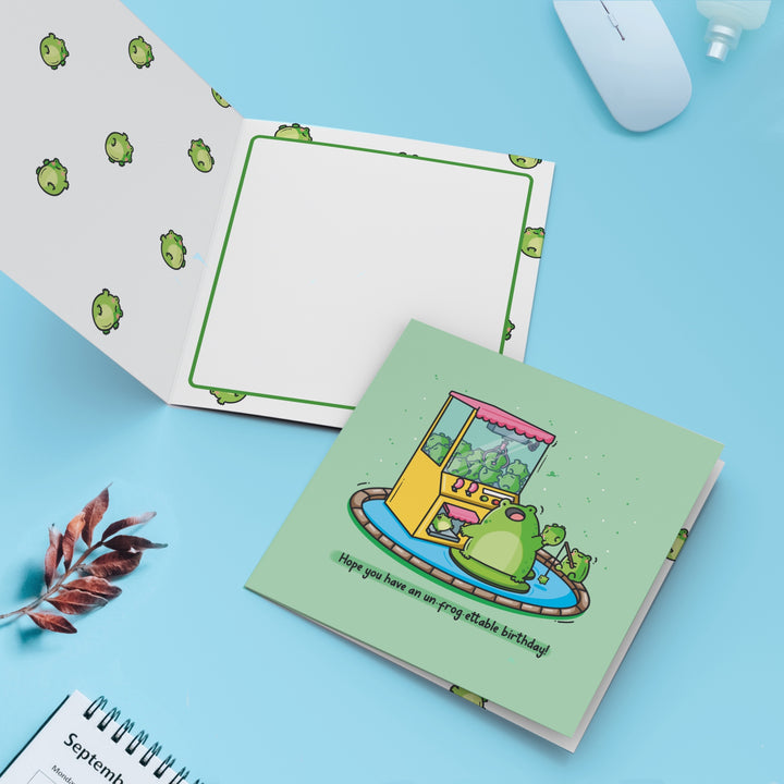 Frog Birthday Card open and outside design on blue table