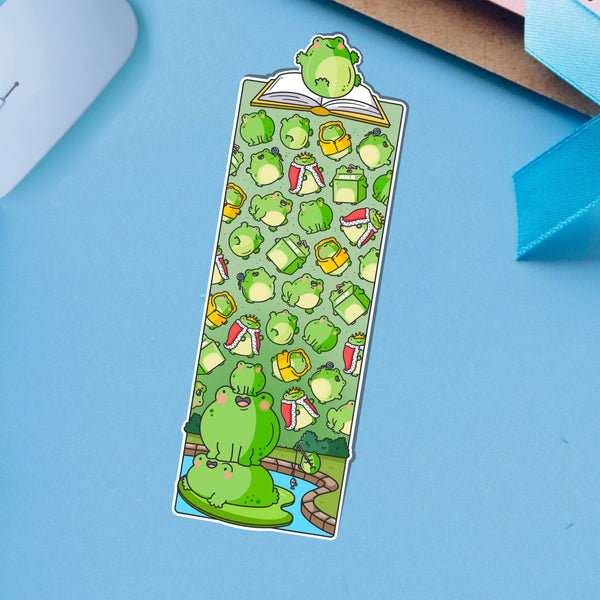 Frog bookmark on blue table