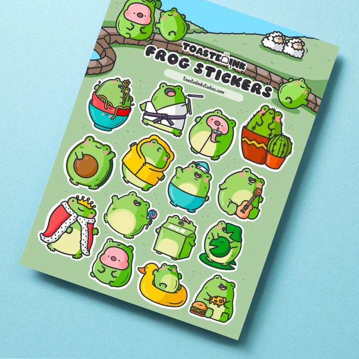 Frog sticker sheet on turquoise background