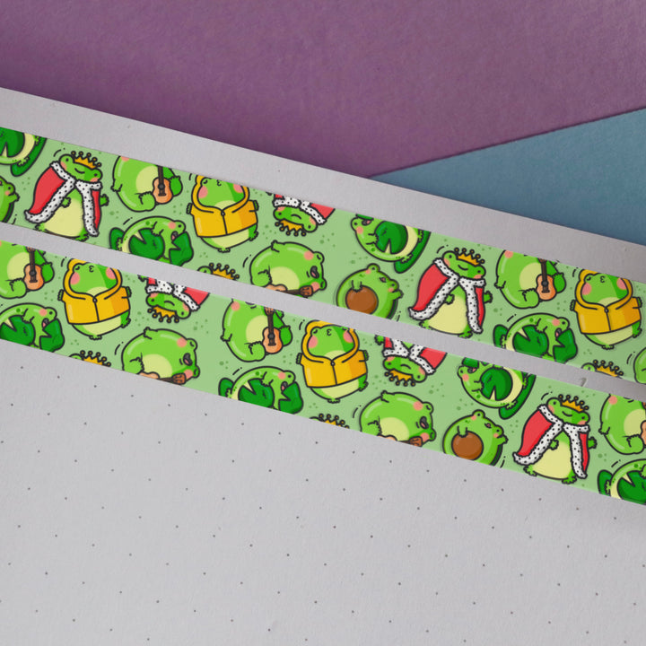 Green frog washi tape on purple and blue table