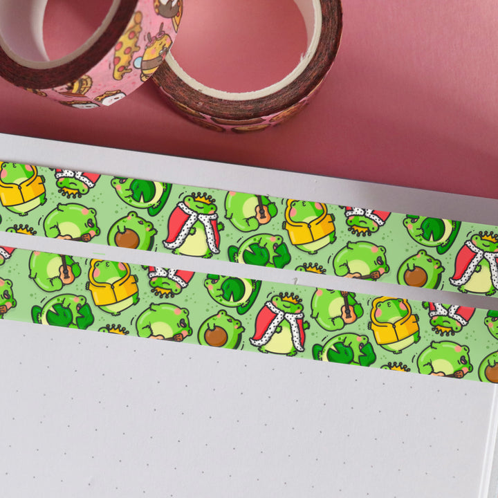 Green frog washi tape on pink table with 2 rolls of washi