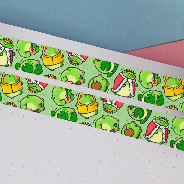 Green frog washi tape on pink and blue background