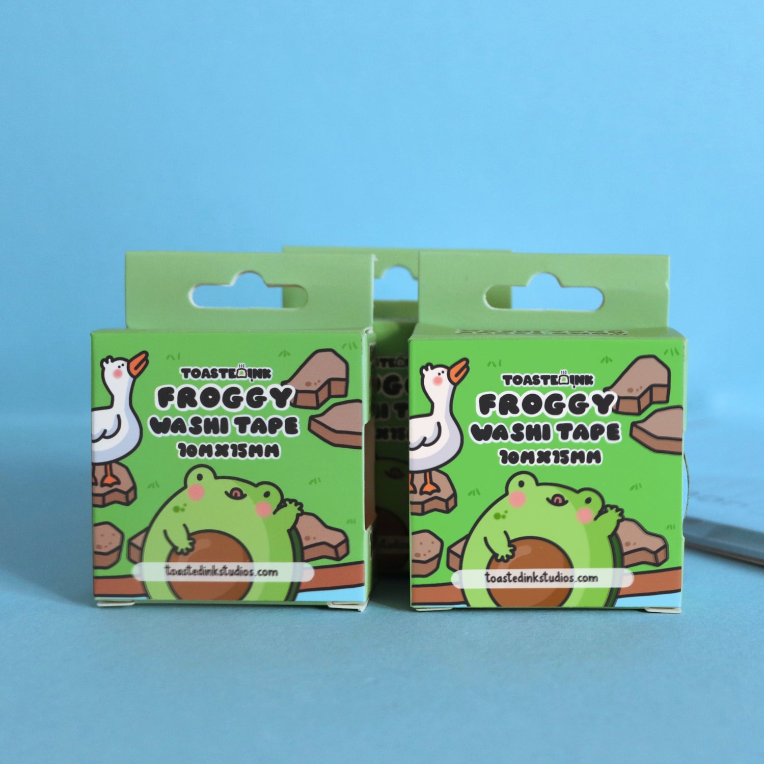 Frog washi tape box on blue table