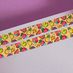 Fruit washi tape on notebook and purple background