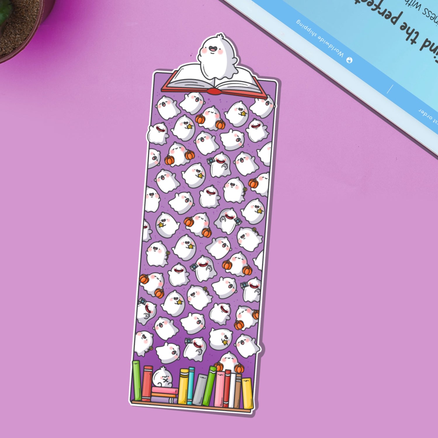 Ghost bookmark on purple table