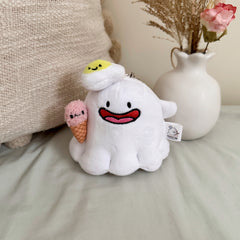 Happy ghost plush keychain with strawberry ice cream and egg accessory