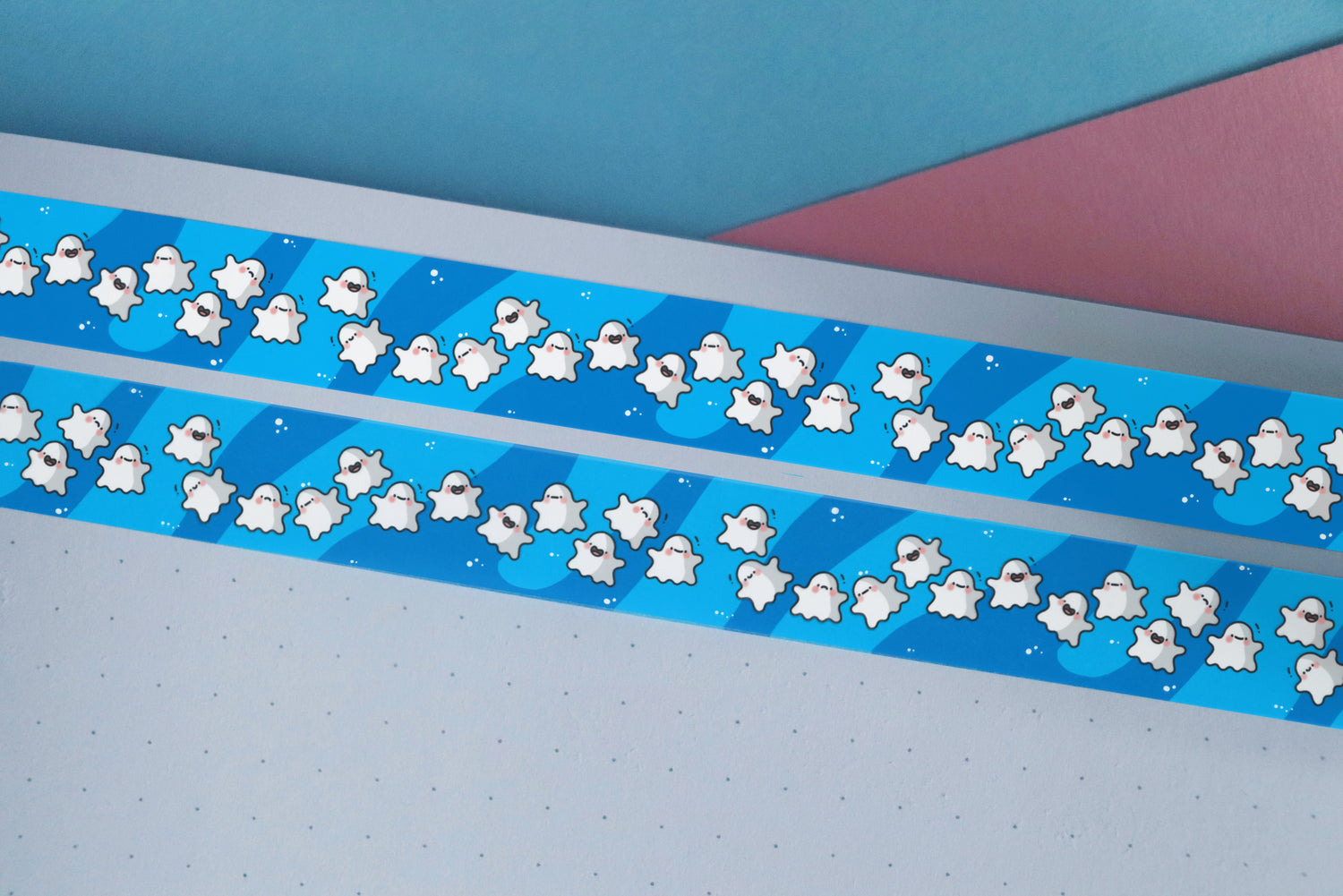 Ghost washi tape on blue and pink desk