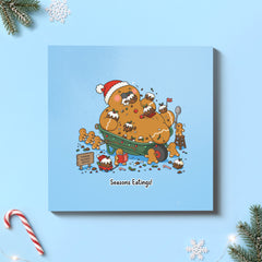 Gingerbread pudding Christmas card on festive blue background