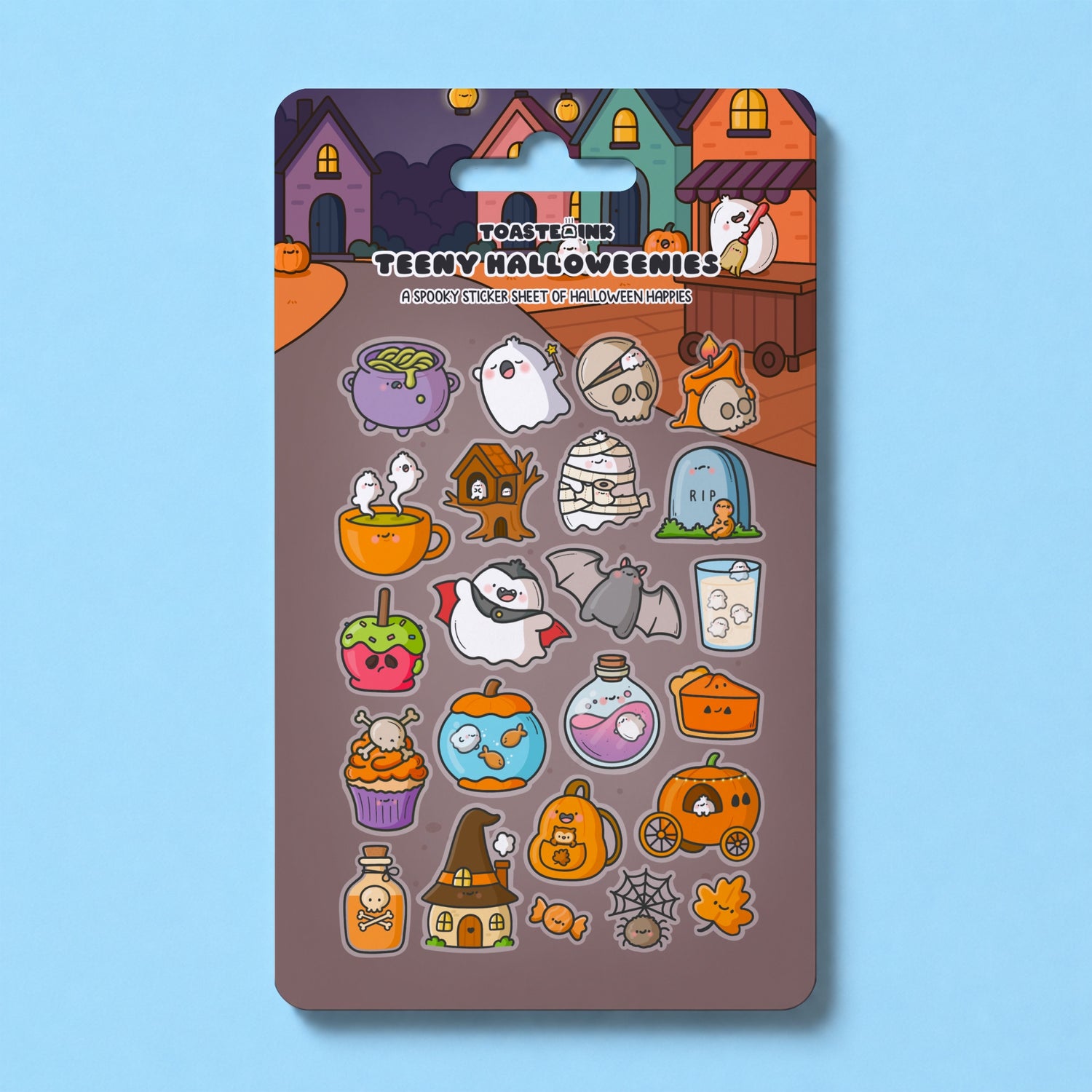 Halloween sticker sheet with whimsical illustrations on blue table