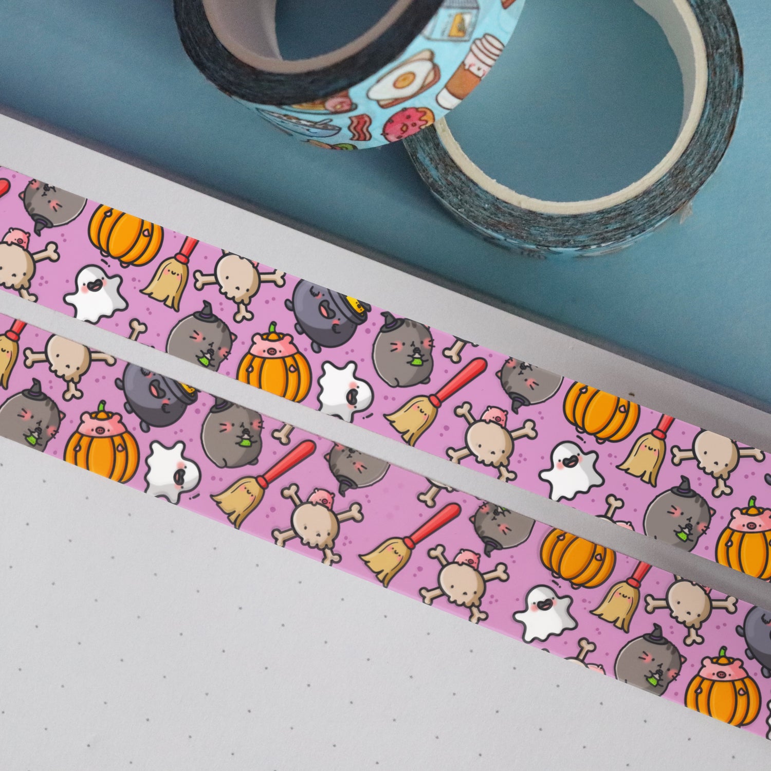 Halloween washi tape on blue table