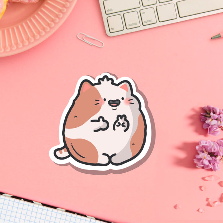 Happy Cat vinyl sticker on pink table