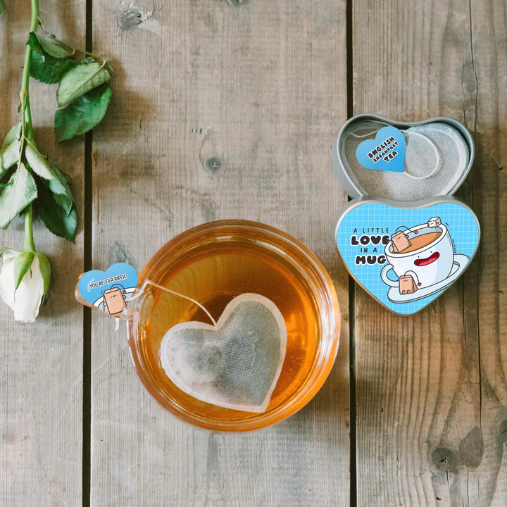 Heart shaped tea bags in tin with blue label