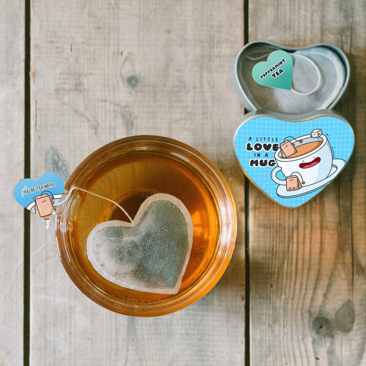 Heart shaped tea bags in heart tin