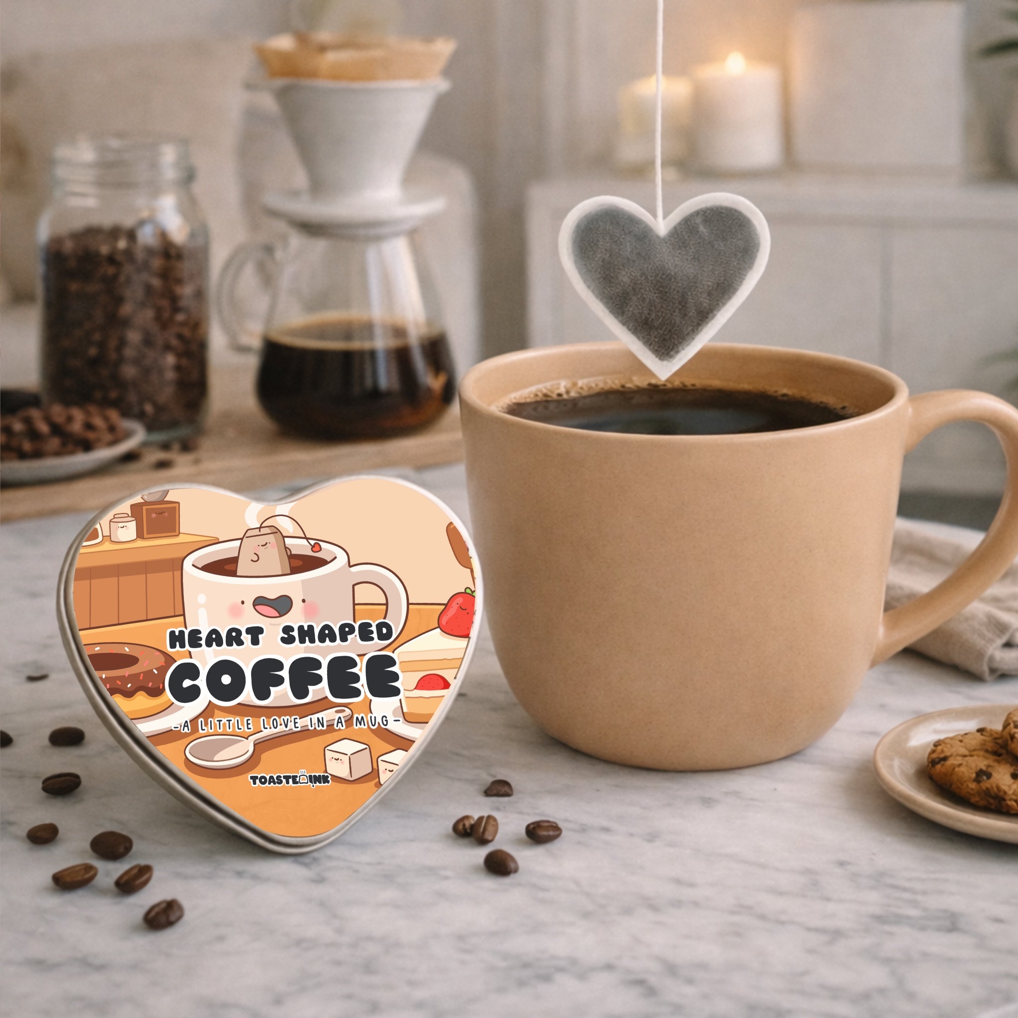 Heart-shaped coffee packaging with a mug of coffee and coffee beans on a table.