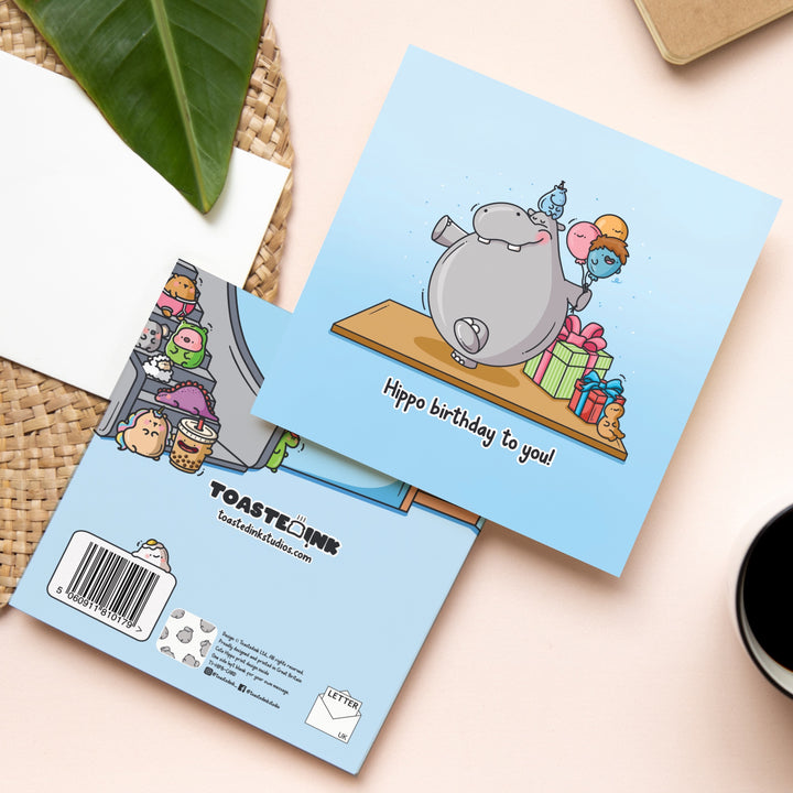 Hippo birthday card front and back design