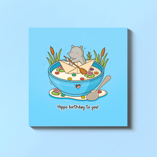 Hippo birthday card on blue background