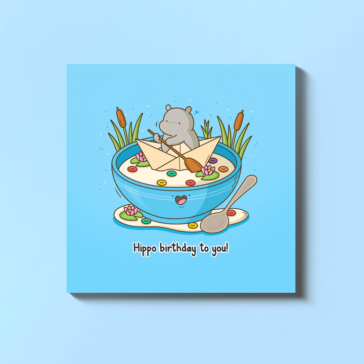 Hippo birthday card on blue background
