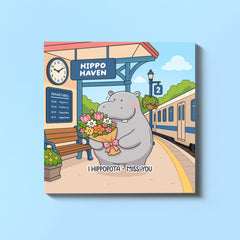 Hippo greetings card feature a hippo holding flowers at a train station