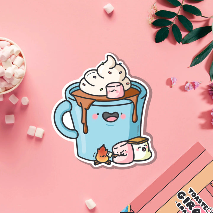 Hot chocolate with marshmallows vinyl sticker on pink table