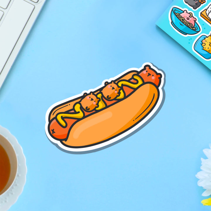 Hot Dog Bear Vinyl sticker on blue table