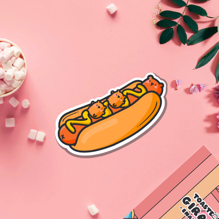 Hot Dog Bear Vinyl sticker on pink table