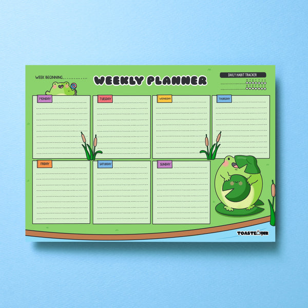Frog weekly planner on blue background