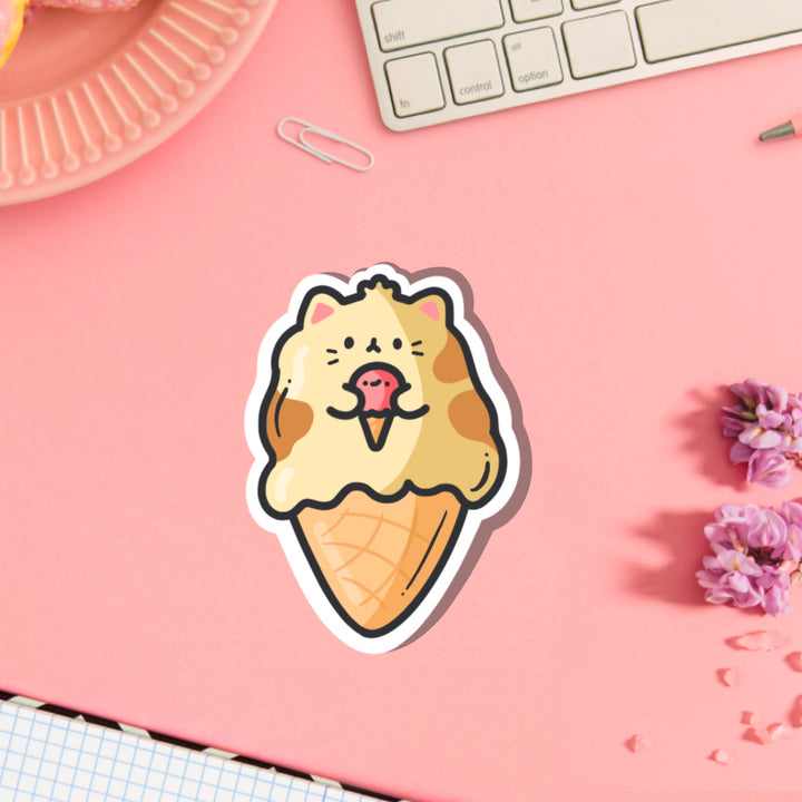 Ice Cream cat vinyl sticker on pink table