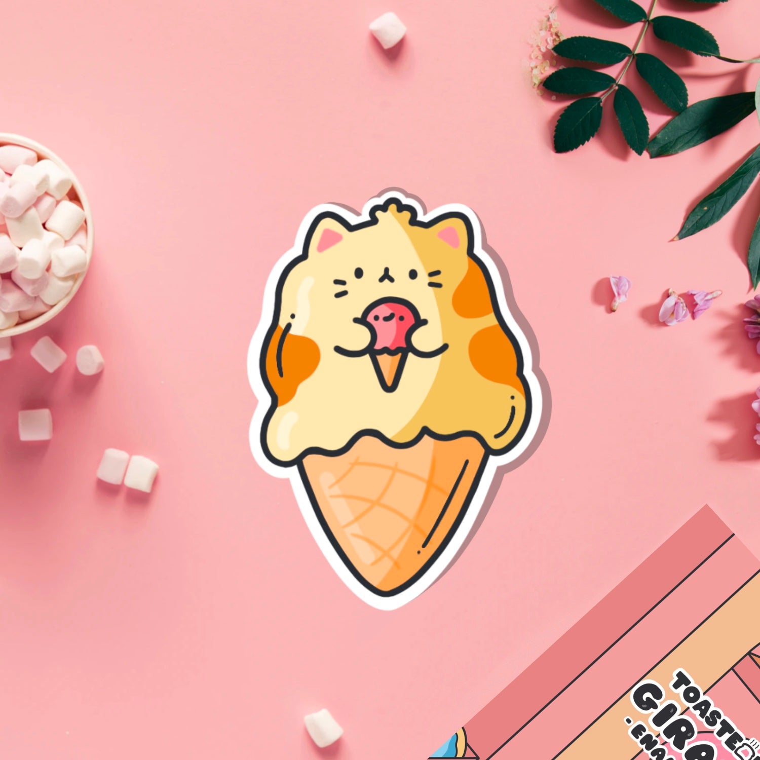 cat as ice cream vinyl sticker on pink table
