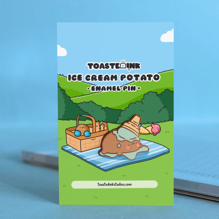 Potato in ice cream enamel pin on picnic backing card