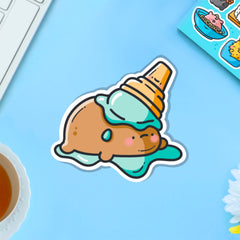 Potato in ice cream vinyl sticker on blue table