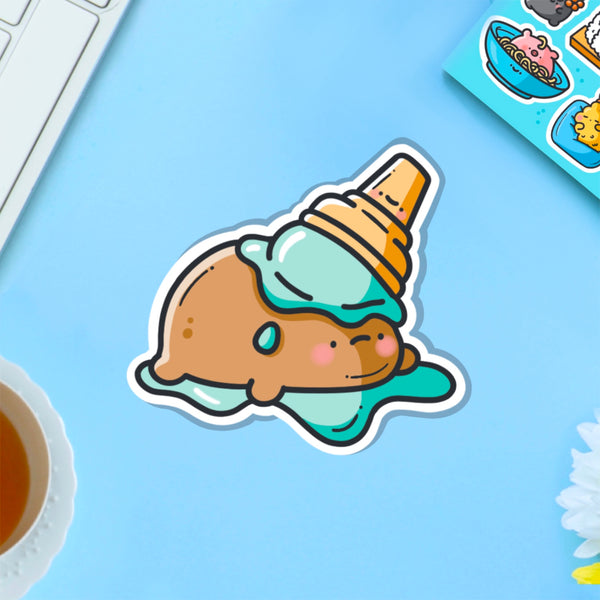 Potato in ice cream vinyl sticker on blue table